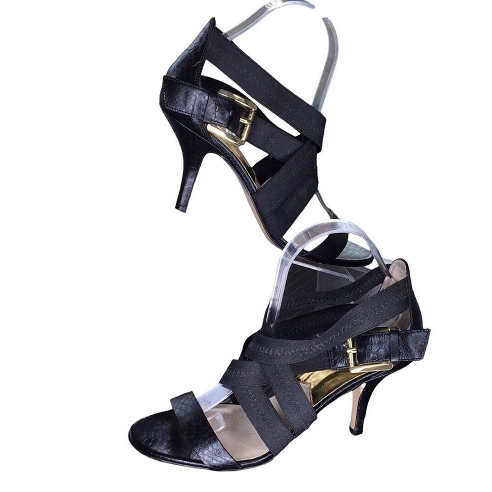Michael Kors Heels Womens 9M Black Strappy Snake Print Gothic Dark Glam